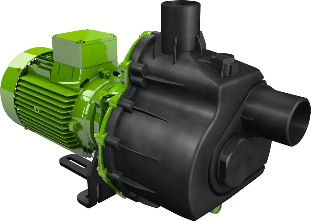Grünbeck Kreiselpumpe mit einem schwarzen Gehäuse und einem grünen Motor. Die Pumpe ist selbstansaugend und verfügt über zwei Anschlussstücke.